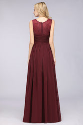Modest Chiffon Lace Scoop Ruffle Burgundy Bridesmaid dresses Affordable